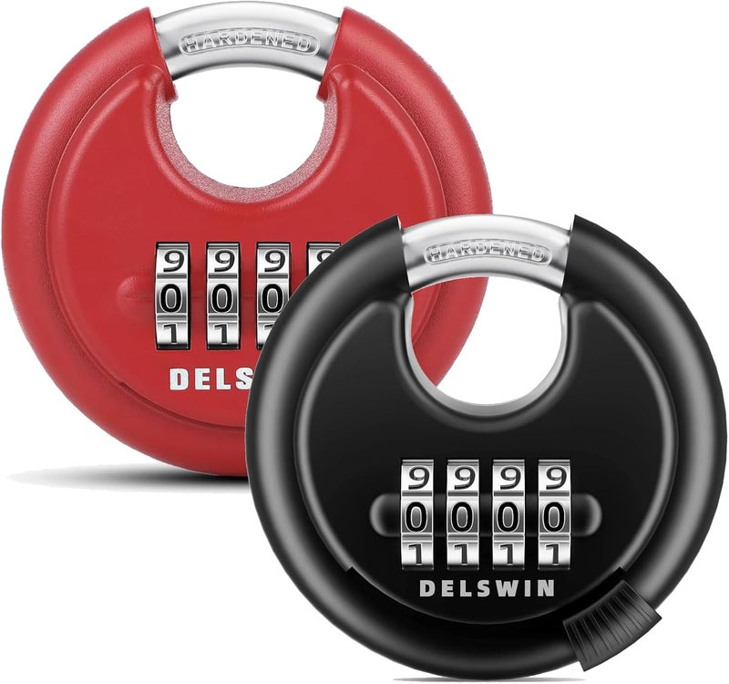 DELSWIN 4-Digit Disc Combination Lock Outdoor - Heavy Duty Combination Padlocks with Hardened Steel Shackle Weatherproof Combo Locks for Gates,Sheds,Fence,Storage Unit (3/8" Shackle, Black and Red) - Image 1